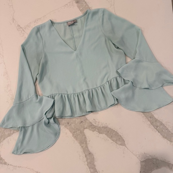 ASOS Elegant Long Ruffle Sleeve V-Neck Blouse Womens 4 Light Minty Blue Romantic - Picture 1 of 6
